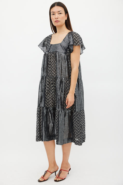Horses Atelier Black & Silver Striped Tier Midi Dress