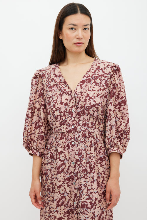 Horses Atelier Burgundy & Pink Silk Floral Paz Dress