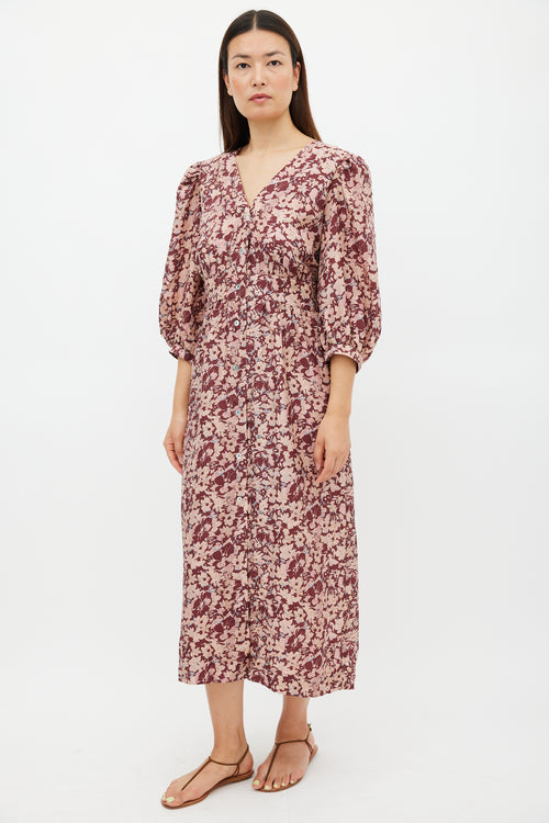 Horses Atelier Burgundy & Pink Silk Floral Paz Dress