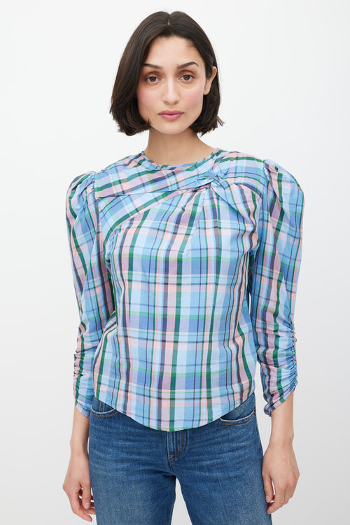 Isabel Marant Blue & Multicolour Plaid Gathered Top