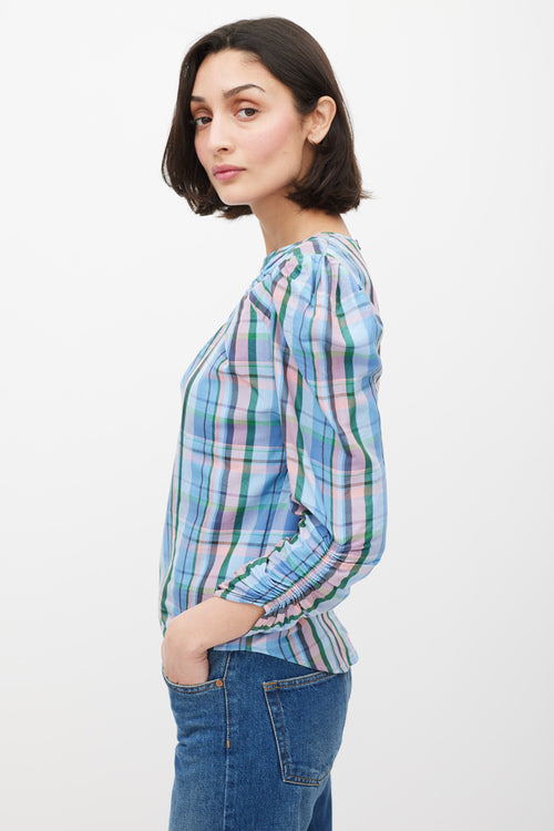 Isabel Marant Blue & Multicolour Plaid Gathered Top