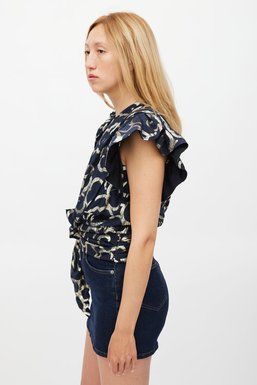 Isabel Marant Navy & Gold Metallic Asymmetrical Top