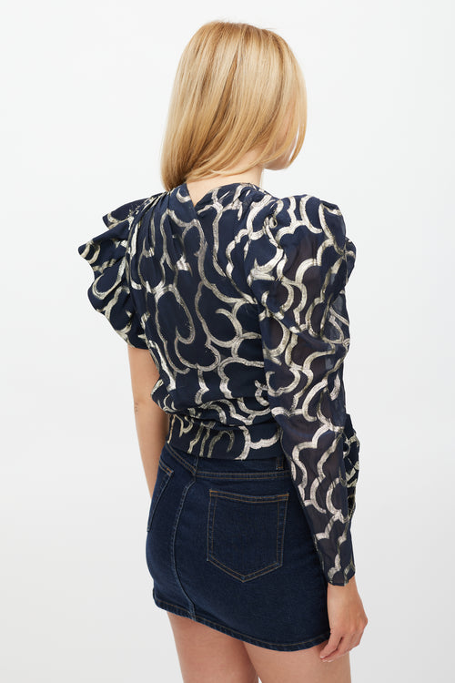 Isabel Marant Navy & Gold Metallic Asymmetrical Top