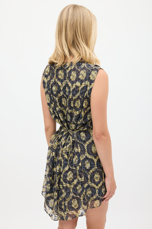 Isabel Marant Purple & Yellow Silk Tie Waist Dress