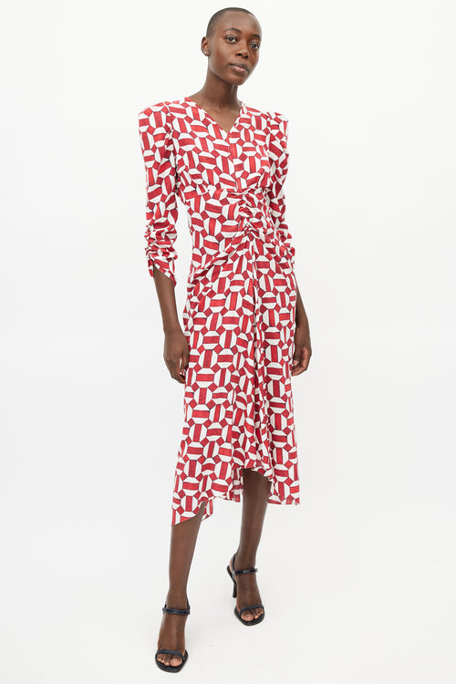 Isabel Marant Red & White Ruched Geometric Dress