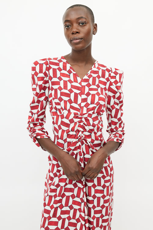 Isabel Marant Red & White Ruched Geometric Dress