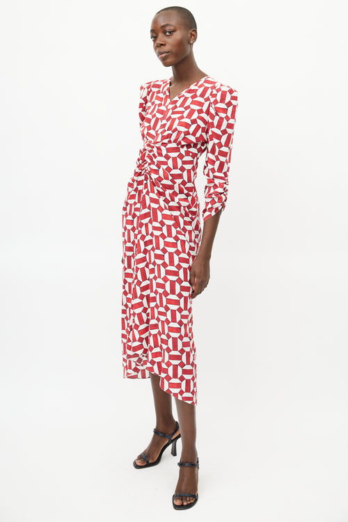 Isabel Marant Red & White Ruched Geometric Dress