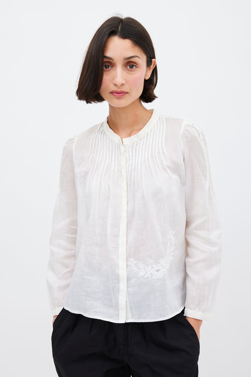 Isabel Marant White Ramie Pleated & Embroidered Top
