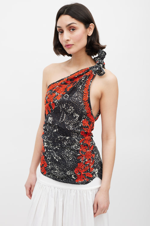 Isabel Marant Black White & Red Floral Embroidered One Shoulder Top