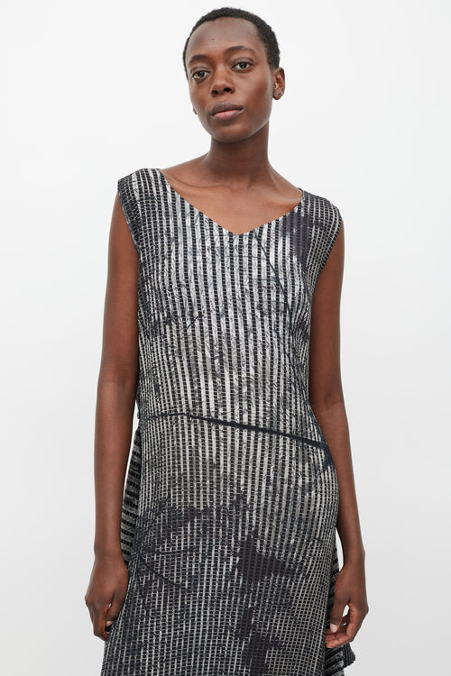 Issey Miyake Black & Grey Pleated Double Wrap Dress