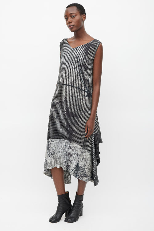 Issey Miyake Black & Grey Pleated Double Wrap Dress