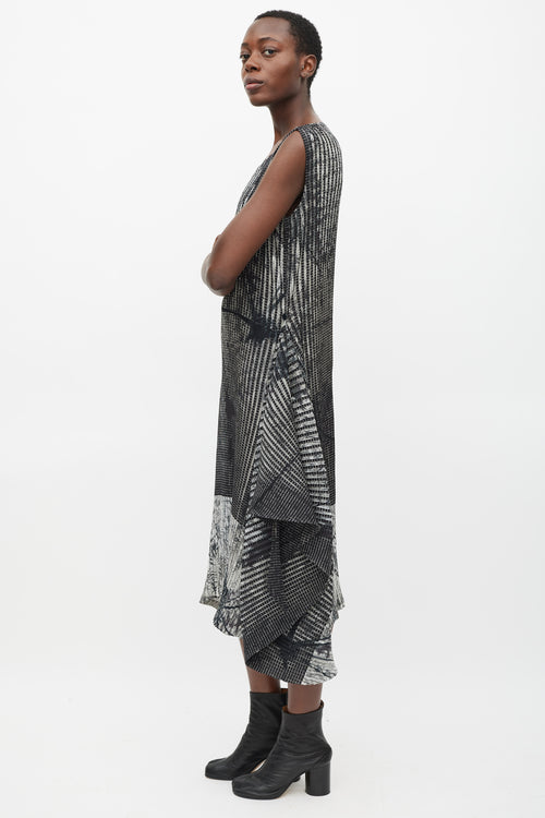 Issey Miyake Black & Grey Pleated Double Wrap Dress