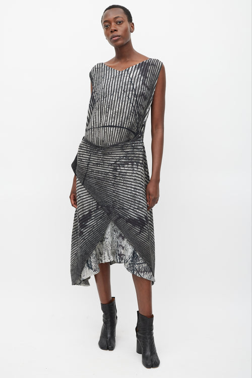 Issey Miyake Black & Grey Pleated Double Wrap Dress