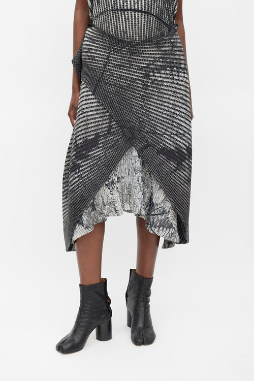 Issey Miyake Black & Grey Pleated Double Wrap Dress