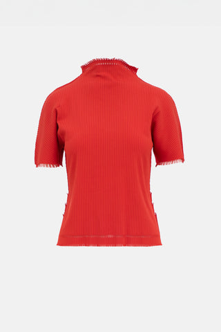 Pleats Please Issey Miyake Pleated Mockneck Fringe Top