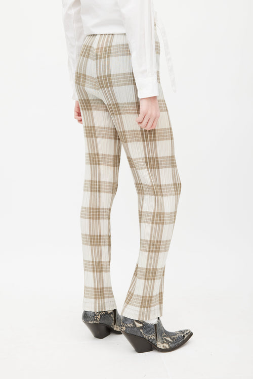 Issey Miyake White & Beige Pleated Plaid Trouser