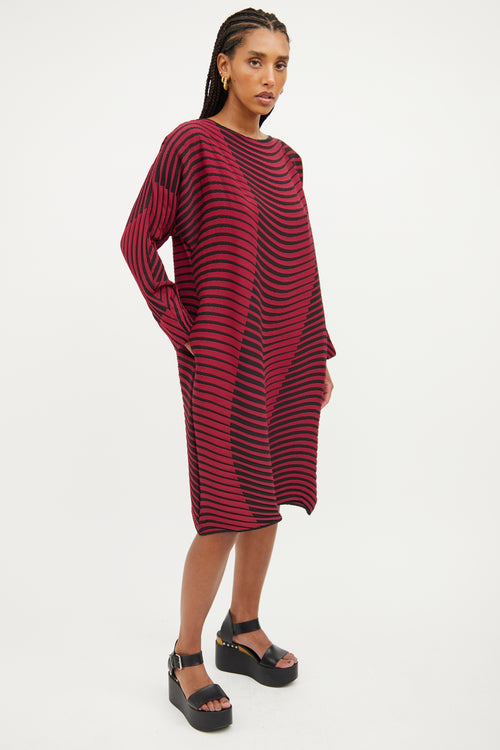 Issey Miyake Red & Black Wave Pleated  Dress