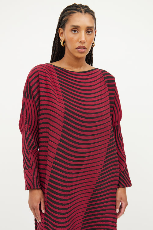 Issey Miyake Red & Black Wave Pleated  Dress