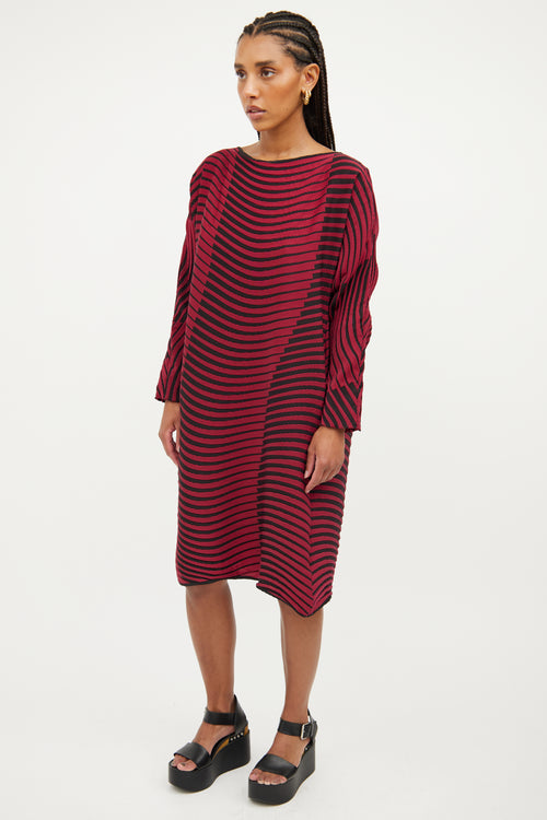 Issey Miyake Red & Black Wave Pleated  Dress