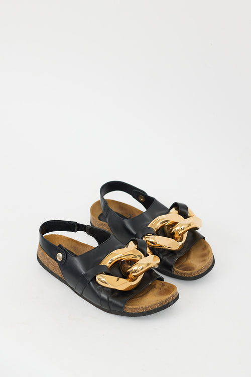 JW Anderson Black Leather & Gold Chain Slingback Slide
