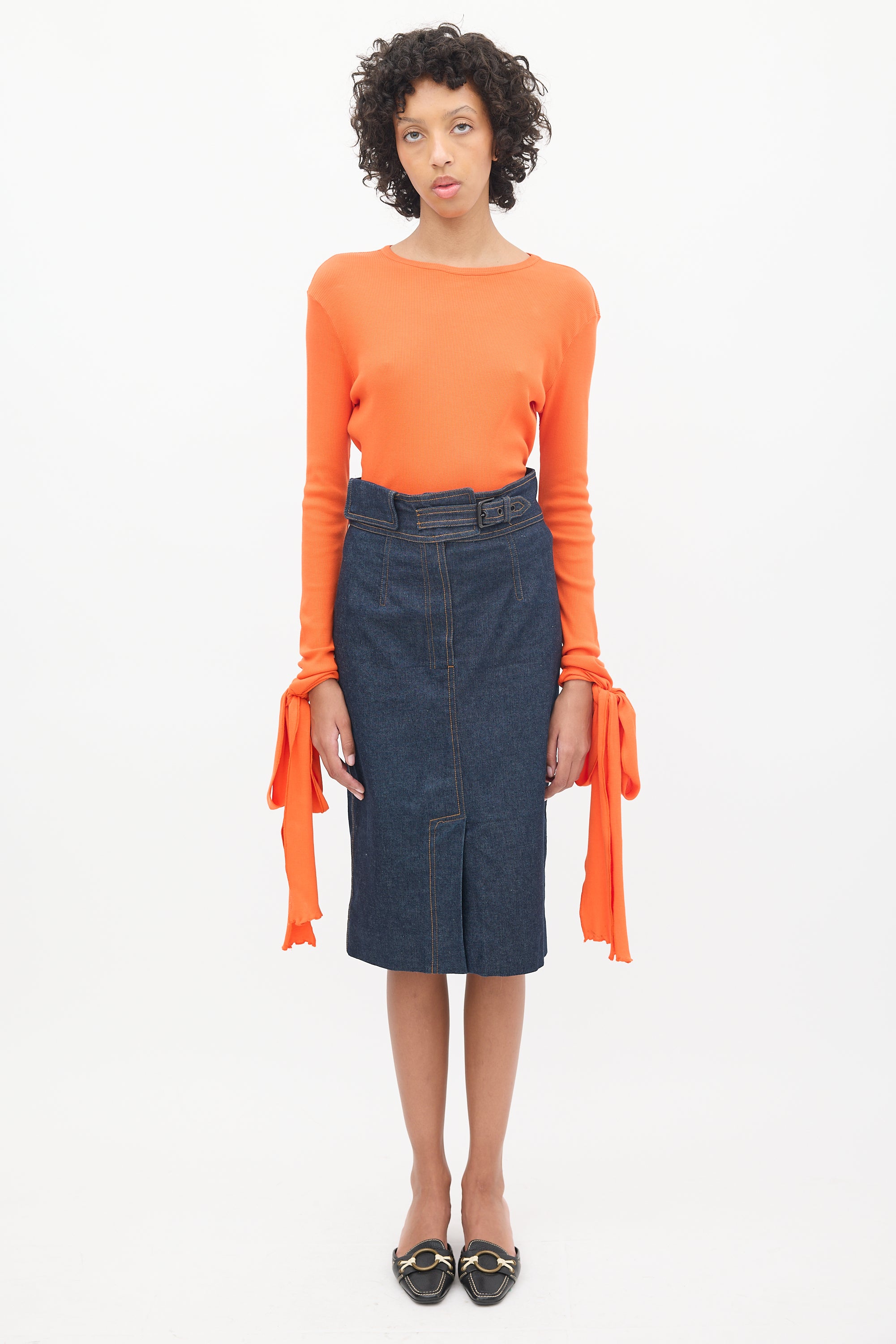 JW Anderson Orange Ribbed Tie Long Sleeve Top