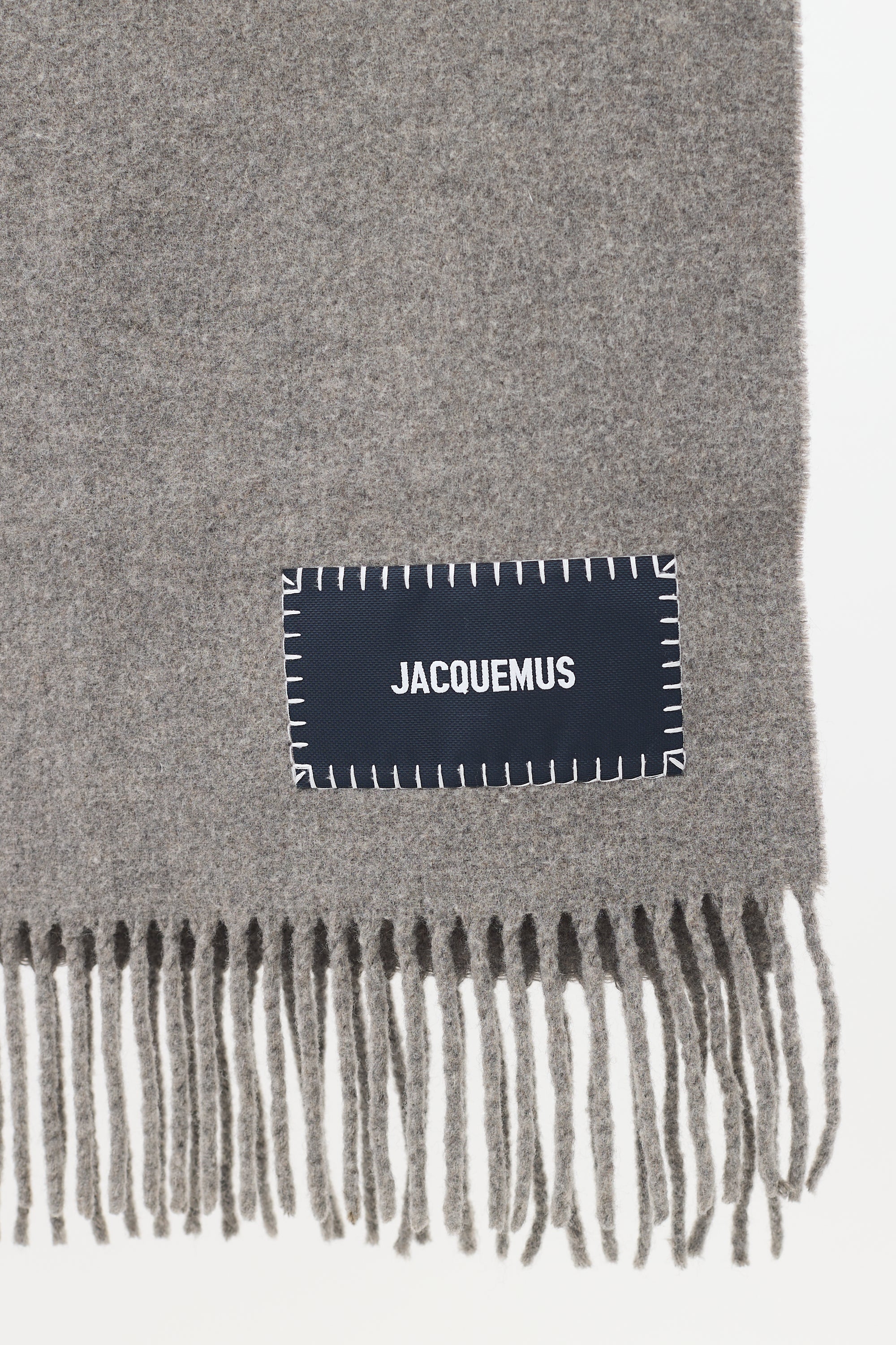 Jacquemus Grey Wool Label Logo Fringe Scarf