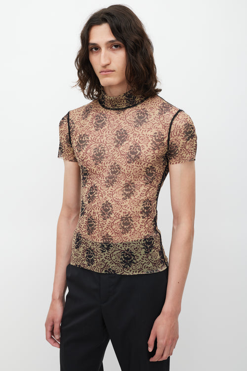 Jean Paul Gaultier Beige & Red Floral Mesh Top