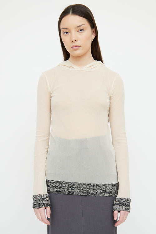 Jean Paul Gaultier Cream Sheer Mesh & Knit Hooded Top