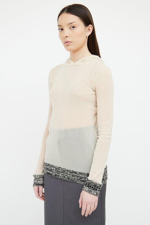 Jean Paul Gaultier Cream Sheer Mesh & Knit Hooded Top