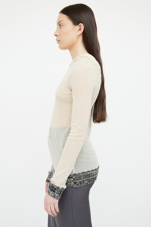 Jean Paul Gaultier Cream Sheer Mesh & Knit Hooded Top