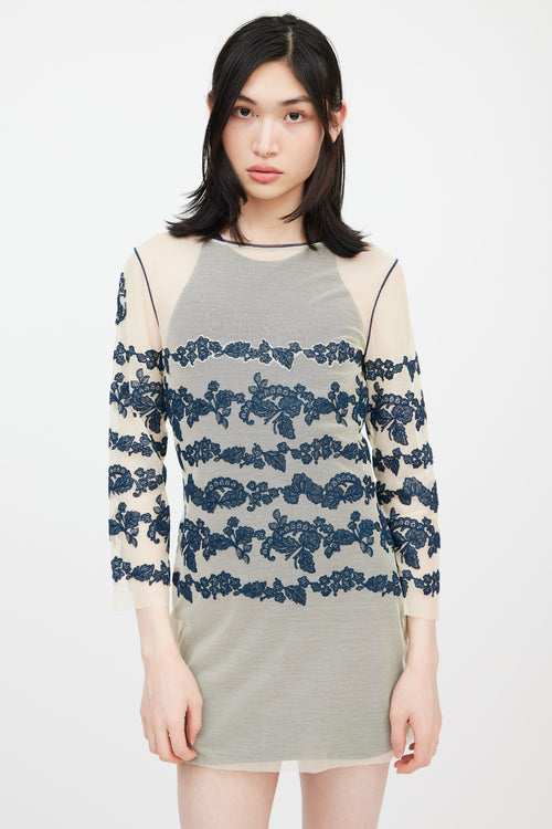 Jean Paul Gaultier X La Perla Beige & Navy Floral Mesh Dress