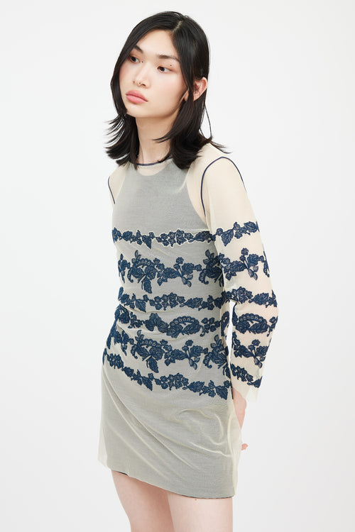 Jean Paul Gaultier X La Perla Beige & Navy Floral Mesh Dress