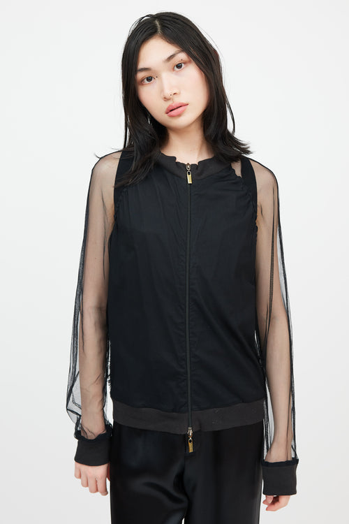 Jean Paul Gaultier Jean's Black Mesh Logo Ruffle Bomber Jacket