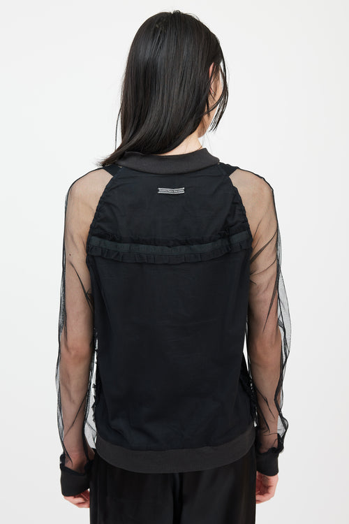 Jean Paul Gaultier Jean's Black Mesh Logo Ruffle Bomber Jacket