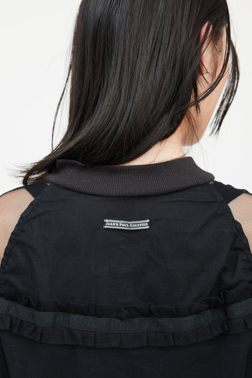 Jean Paul Gaultier Jean's Black Mesh Logo Ruffle Bomber Jacket