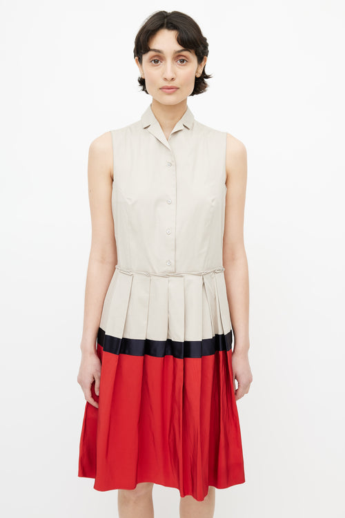 Jil Sander Beige & Red Pleated Shirt Dress