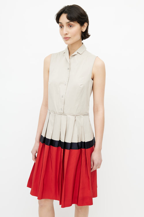 Jil Sander Beige & Red Pleated Shirt Dress