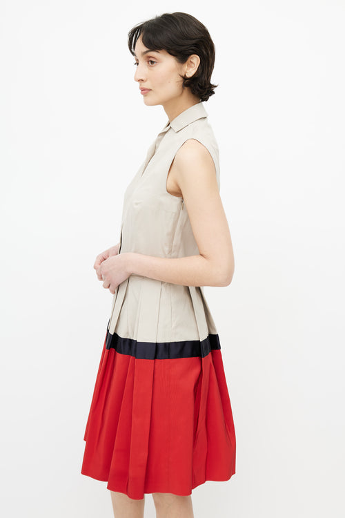 Jil Sander Beige & Red Pleated Shirt Dress