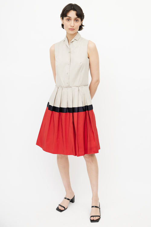 Jil Sander Beige & Red Pleated Shirt Dress