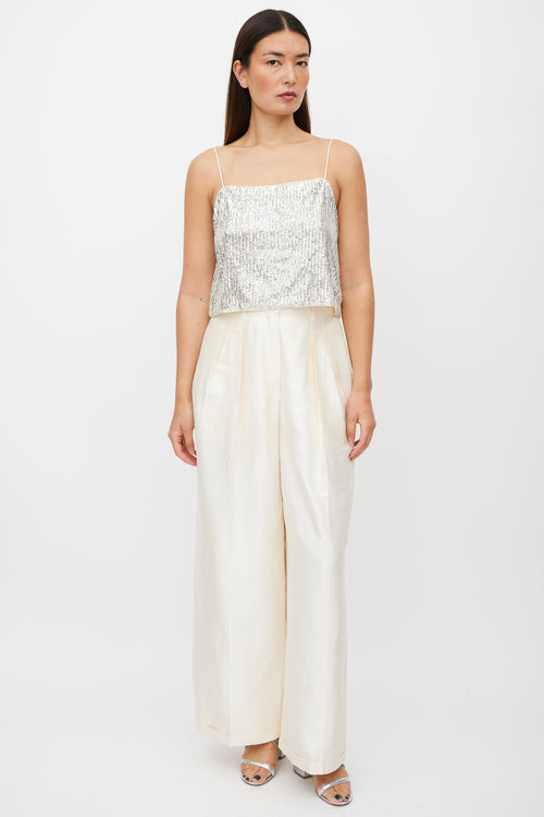 Jil Sander Cream Silk Textured Wide Leg Trouser