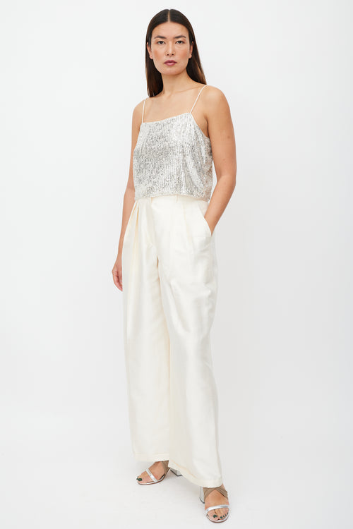 Jil Sander Cream Silk Textured Wide Leg Trouser
