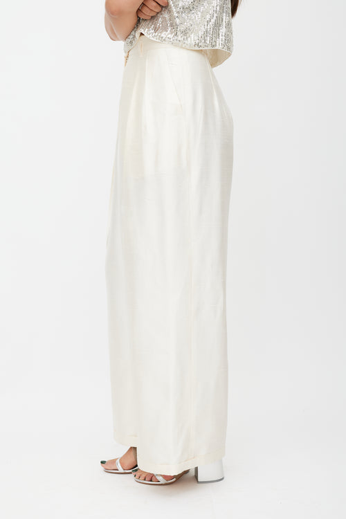 Jil Sander Cream Silk Textured Wide Leg Trouser