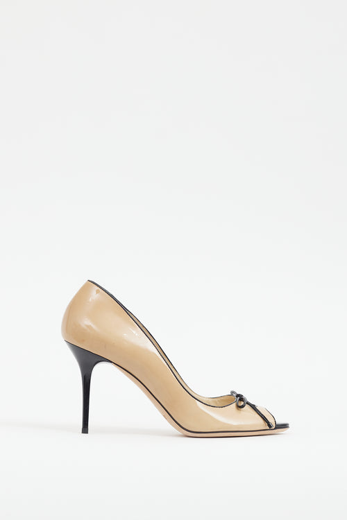 Jimmy Choo Beige & Black Patent Peep Toe Pump