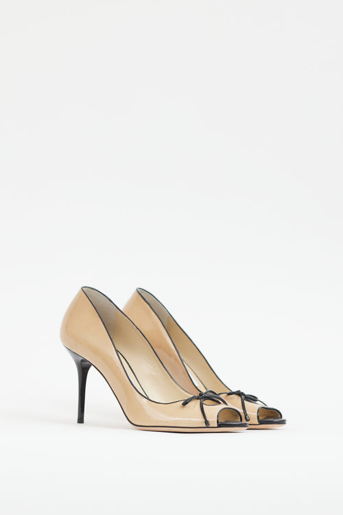 Jimmy Choo Beige & Black Patent Peep Toe Pump