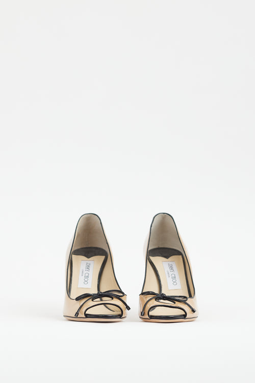 Jimmy Choo Beige & Black Patent Peep Toe Pump