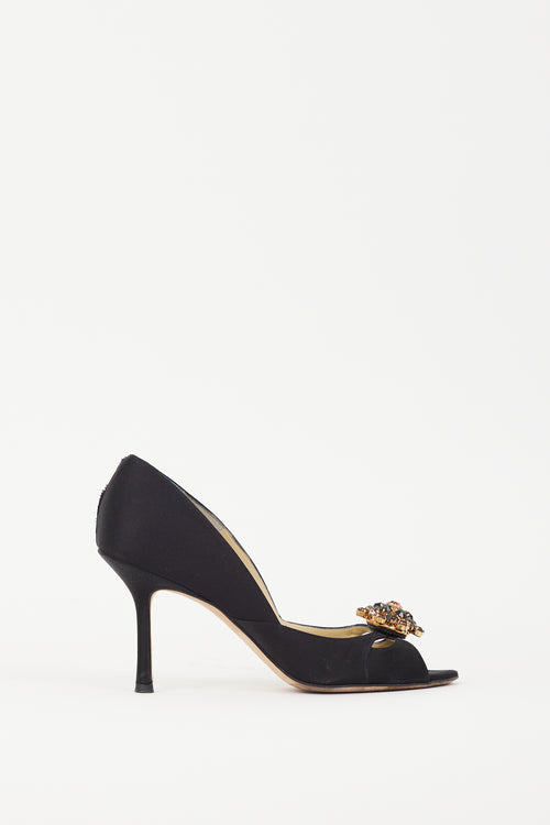 Jimmy Choo Black Satin & Gold Brooch Piazza Pump