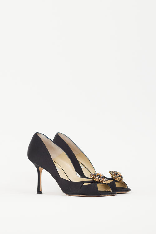 Jimmy Choo Black Satin & Gold Brooch Piazza Pump