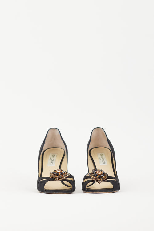 Jimmy Choo Black Satin & Gold Brooch Piazza Pump