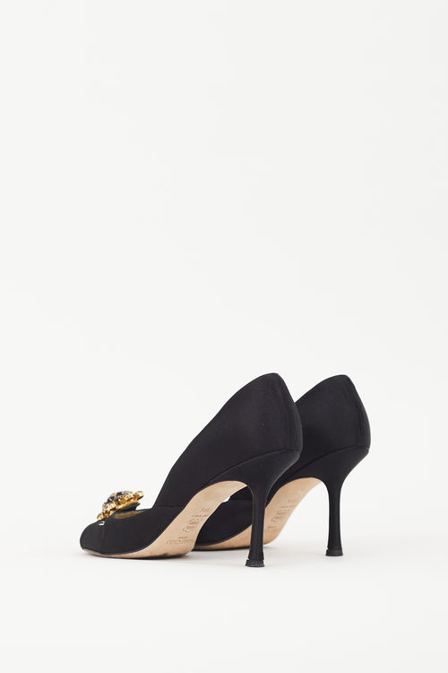 Jimmy Choo Black Satin & Gold Brooch Piazza Pump