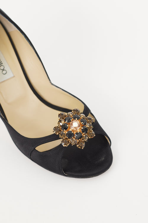 Jimmy Choo Black Satin & Gold Brooch Piazza Pump